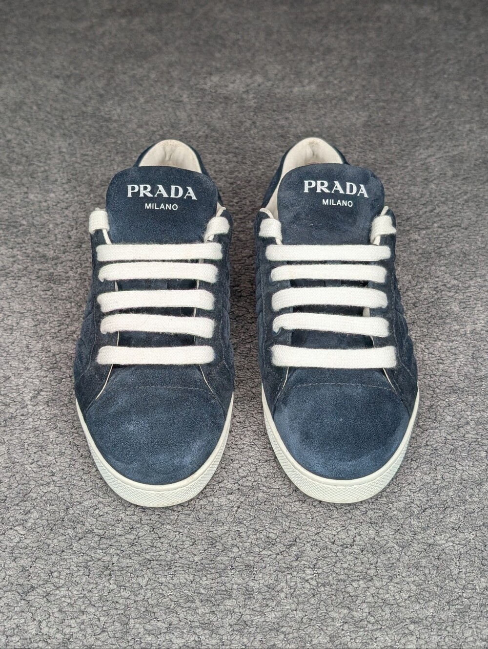 Prada Quilted Suede Lace-Up Sneaker Navy Blue Women's 7 - Picture 2 of 12